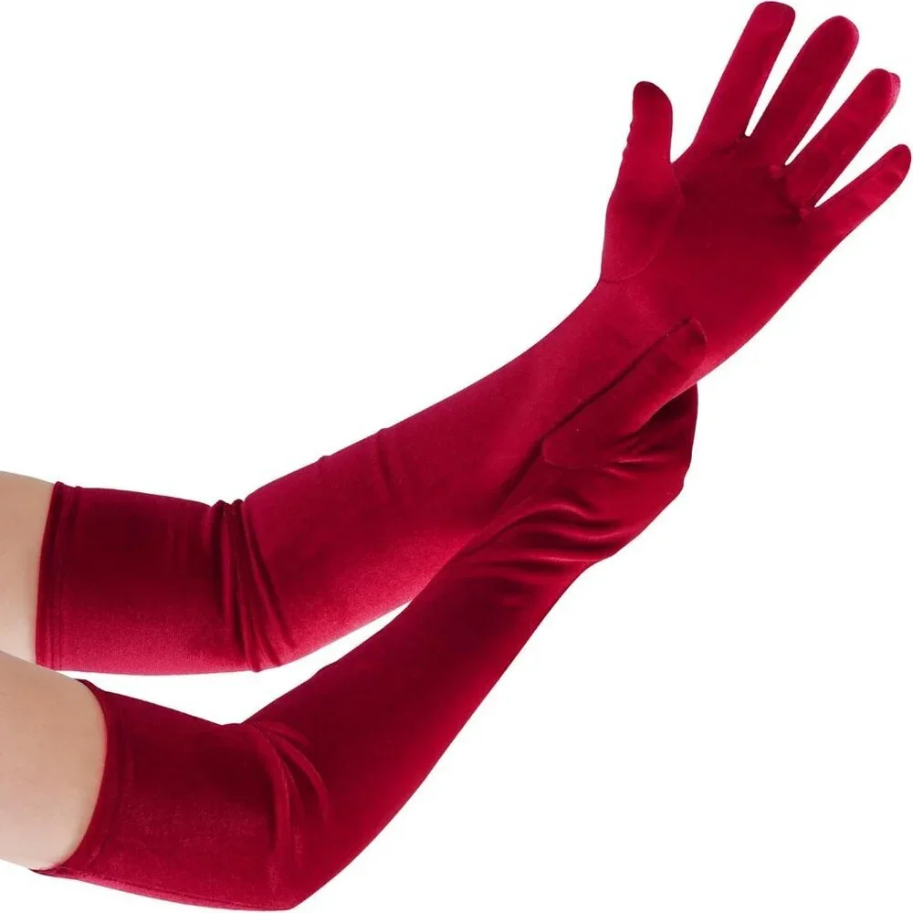 Women's Wine Red Velvet Long Gloves Elbow Length Costume Flapper Evening Banquet